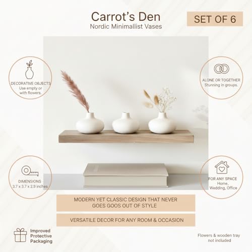 Carrot's Den - Set of 6 Nordic Minimalist White Ceramic Donut Bud Vases for Decor | Modern Boho Vases for Dry Flowers + House Plants | Wedding, Bookshelf, Home Decor, Coffee Table, Centerpiece (White)