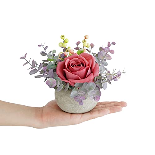Small Artificial Pink Rose Potted Plant, 6" Fake Silk Flowers in 3.5" Round Pot, Mini Faux Floral Arrangement for Desk Shelf Bathroom Decor - color: Pink