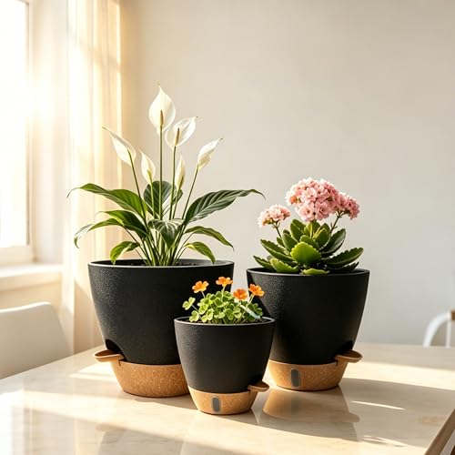 12"/10"/9"/8" Self Watering Pots with Visual Water Window,Extra Large Self Watering Plant Pots with Drainage Holes & Saucers,Black Planters for Indoor Plants,4-Pack - color: Black