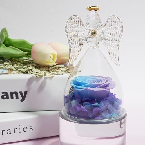 Miofula Gifts for Mom Birthday Gifts for Women, Preserved Flowers Rose in Glass Angel Figurines, Fresh Flowers for Delivery Anniversary Forever Real Roses Gifts for Mothers Grandma Her Wife Girlfriend - color: Blue+purple