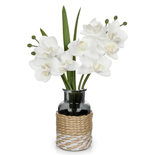 White Orchids Artificial Flowers with Vase, Small Faux Orchid Arrangement Fake Flower in Woven Glass Vase Black and White Decor Small White Centerpieces for Kitchen Dining Room Tables Bathroom Decor - color: White # Black