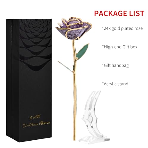 SW 24k Gold Dipped Real Rose Lasted Forever with Stand Gift for Women, Mom, Her, Christmas, Valentines Day, Mothers Day, Birthday - Purple Gold Rose - color: Blue