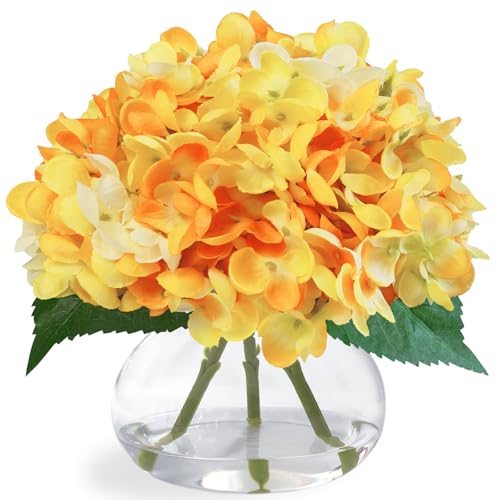 Hydrangea Artificial Flowers in Glass Vase, Orange Silk Fake Flowers Silk Centerpiece Table Decorations for Dining Room， Coffee Table Decor，Wedding, Home with Faux Water Decor（Orange） - color: Orange