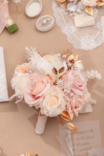 TINGE TIME Champagne White & Pink Wedding Bouquet 9in Artificial Toss Rose for Bride, Bridesmaid Artificial Flowers for Wedding Ceremony Anniversary Bridal Showers Wedding Church Decoration - color: Champagne&pink
