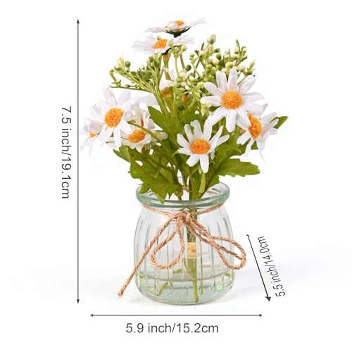 Set of 2 Artificial Daisy Flowers with Glass Vases - Realistic Fake Flowers, Flexible Silk Flower and Stems, Perfect for Home Offices, Living Room Tables, Windowsills & Wedding Decor. - color: Greenish-white