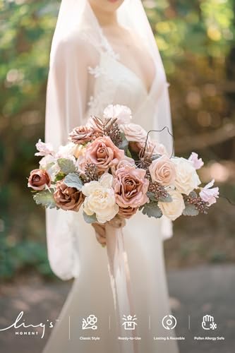 Ling's moment Fake Flowers Box, Faux Artificial Greenery Stems Foam Roses Silk Peonies Fabic Flower for Centerpieces Bouquet Wedding Vase Decorations, Dusty Rose & Cream & Flocked Leaves, Grand Combo - color: Pk-dusty Rose & Cream & Flocked Leaves, size: