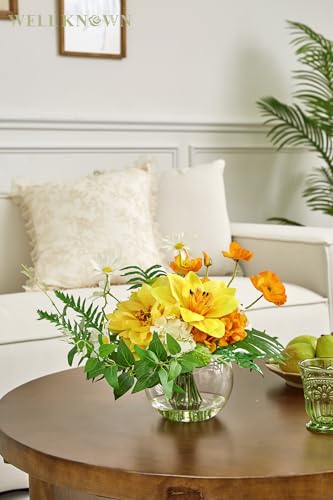 WELL KNOWN Artificial Silk Flowers in Glass Vase for Dining Table Decor, Tropical Orange Orchid Flowers Bouquet Arrangement with Faux Water for Home Office Wedding Party Dining Table Centerpieces Gift - color: Tropical Orange