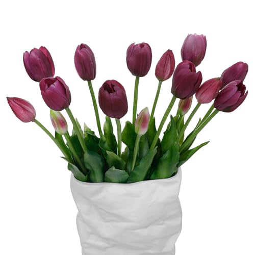 15 Pcs Deep Purple Artificial Tulips Fake Flowers, Premium Latex Lifelike Texture, UV Resistant Waterproof Faux Tulip Bouquets with Snap-on Petals for Outdoor, Home, Wedding Decor - color: Deep Purple