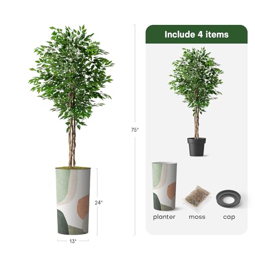 Artificial Tree in Multicolor Textured Geometric Shapes Illustrations Planter, Fake Ficus Silk Tree for Indoor and Outdoor Home Decoration - 75" Overall Tall (Plant Pot Plus Tree) - style: Ficus Tree