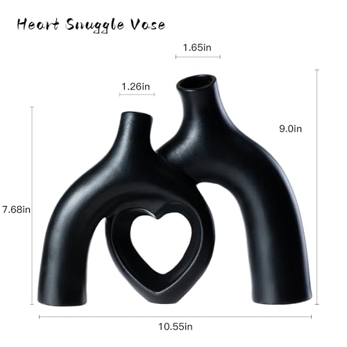 Liotww Hug Donut Ceramic Decorative Vase Set, Snuggle Hollow Modern Nordic Boho Style Vases for Home Decor Living Room Shelf Bookshelf Mantle Entryway Table Console Décor (Matte Black) - color: Heart - Matte Black