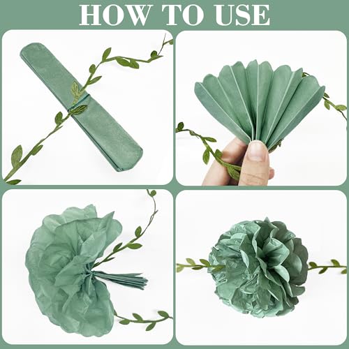 Sage Green Dusty Rose Pink Beige Tissue Paper Flowers Pom Pom with Leaf Ribbon Hanging Garland Streamer for Girl Safari Woodland Jungle Baby Shower Birthday Wedding Garden Party Decorations Supplies - color: Dusty Pink Green