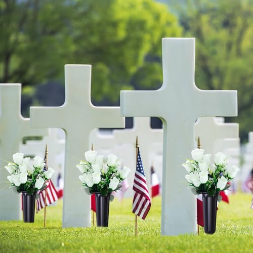 Tigeen 6 Sets Father's Day Cemetery Flowers with Grave Vase 12 Bunches Artificial Rose Memorial Bouquet 84 Heads Fake Silk Flower for Dad Gravesite Graveside Decor(Cream White) - color: Cream White