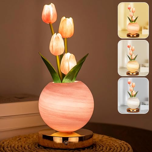 Tulip Table Lamp, Rechargeable Cordless Touch Dimming Artificial Tulip Flower Desk Lamp, LED Flower Bedside Night Light Romantic Gifts for Girl Women Mom (Pink) - color: Pink