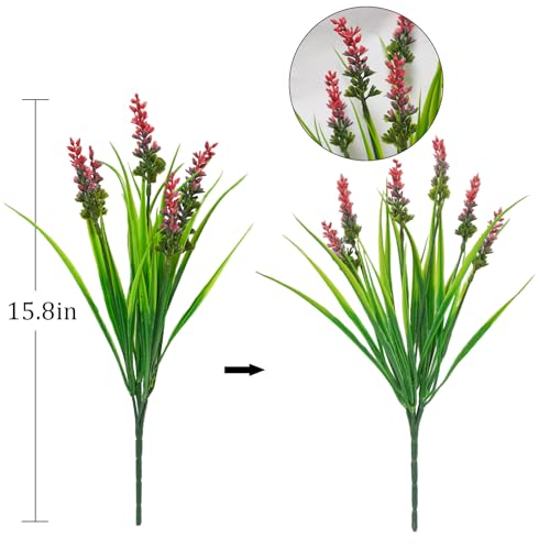 40 Bundles Artificial Plants Outdoor Fake Monkey Grass with Lavender Flowers Plastic UV Resistant Greenery Shrubs for Window Box Porch Garden Patio Outdoor Decor(Red) - color: Red