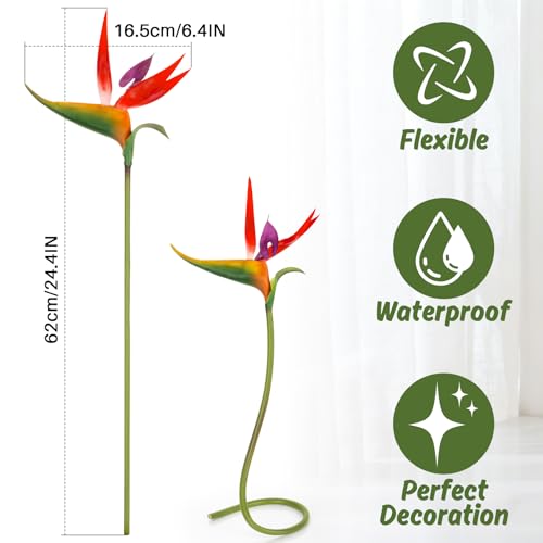 RAINFLOW Bird of Paradise Artificial Plant - 2PCS 24" UV Resistant Artificial Outdoor Plants Birds of Paradise Plant Artificial Giant Flowers for Decoration Hawaiian Party Hawaiian Flowers(Red) - color: Red
