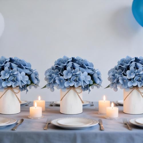 Flower Table Centerpieces - Set of 6 Floral Arrangement Artificial Wedding Hydrangeas Floral Arrangement with Rustic Metal Vase for Bridal Tea Party Event Decorations - Dusty Blue - color: Dusty Blue