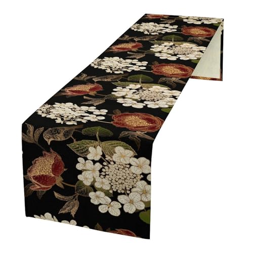 Floral Table Runner, Retro Birds Peonies Hydrangeas Oriental Style Table Decoration for Kitchen Dining Indoor Outdoor Home Party Restaurant Supplies 13x36in - color: Flower-4, size: 13x36in