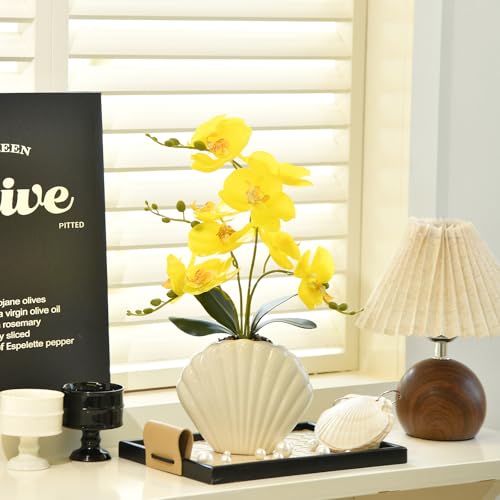 Artificial Phalaenopsis Orchid Plant in Seashell Pot, 16" Fake Orchid Flowers, Silk Faux Orchids for Home Decor, Office, Table Centerpiece, Real Touch Lifelike Indoor House Plant (Yellow) - color: Yellow