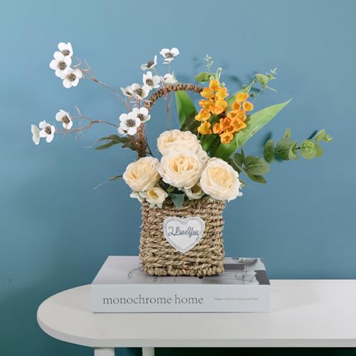 Artificial Flower Arrangement in Woven Basket with Heart Design, Wooden Woven Basket Mixed White Roses and Yellow Orchidsfor Home Decoration Dining Table Centerpiece