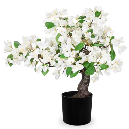 Briful Artificial Bougainvillea Flower Plant 20.8" Bougainvillea Bonsai Tree with Black Pot Silk Bougainvillea Floral Centerpiece for Home Office Room Table Shelf Mantle Decor(White) - color: White