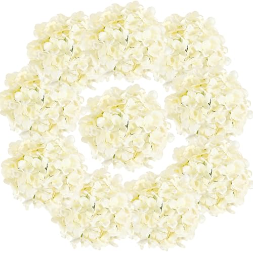 Auihiay 10PCS Hydrangea Artificial Flowers, Faux Champagne Flowers for Wedding Centerpieces, DIY Bouquets, Bridal Shower, Floral Decor Home Decoration with Stems (VASE NOT Included) - color: Champagne