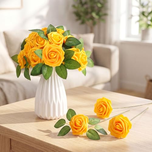 50 Pcs Artificial Foam Rose Flower Faux Bouquet Wedding Fake Rose Gift for Mother's Day Women DIY Bridal Shower Party Table Birthday Home Spring Decor (Yellow) - color: Yellow