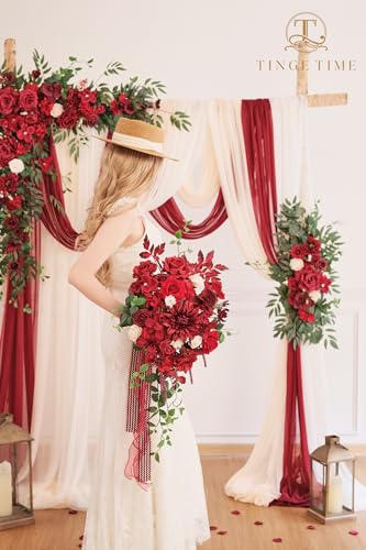 TINGE TIME 15 Inch Artificial Wedding Bouquets for Bride, Cascading Bouquet Wedding Bride Holding Flowers for Wedding Ceremony Anniversary, Bridal Shower and Party (Burgundy Red) - color: Burgundy Red