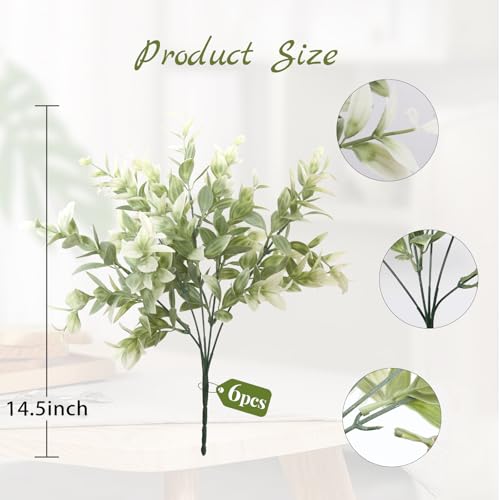 6 Bundles Artificial Greenery Stems, 14.5" Fake Lucky Bamboo Leaves Faux Outdoor Plants UV Resistant Plastic Shrubs for Outside Home Garden Wedding Patio Porch Farmhouse Pathway Indoor Decorations - color: White