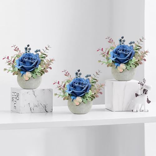 2 Pack Artificial Flowers with Pot, Blue Rose with Eucalyptus Fake Potted Flowers Small Faux House Plants for Indoor Home Office Room Desk Shelf Table Centerpieces - color: 2 Pack Blue Rose