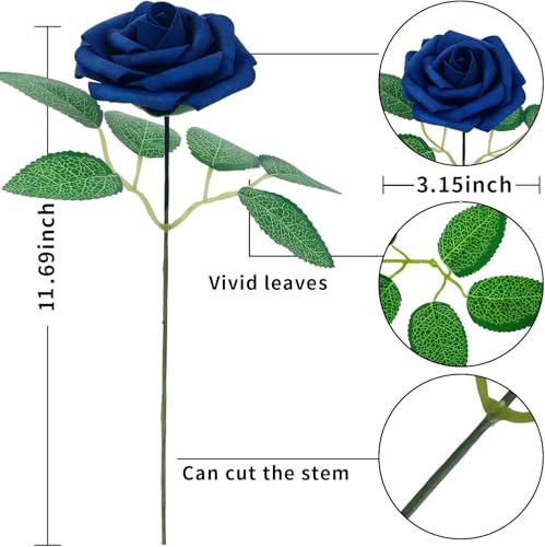 [25PCS] Navy Blue Roses Artificial Flowers with Long Stem Real Touch Fake Foam Roses for Decoration DIY Wedding Bouquets Centerpieces Bridal Shower Flower Arrangements Home Decor - color: Navyblue