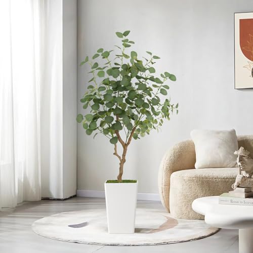 Artificial Eucalyptus Tree 5FT, Faux Eucalyptus Tree with Tall White Planter, Realistic Leaves & Natural Wood Trunk, Ideal for Home Decor and Housewarming Gift - size: 5ft