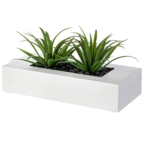 MyGift 10 Inch Artificial Grass Fake Plants in White Rectangular Wood Planter - Faux Plants Indoor for Tabletop Centerpiece Décor - color: White, size: 9.5 Inch