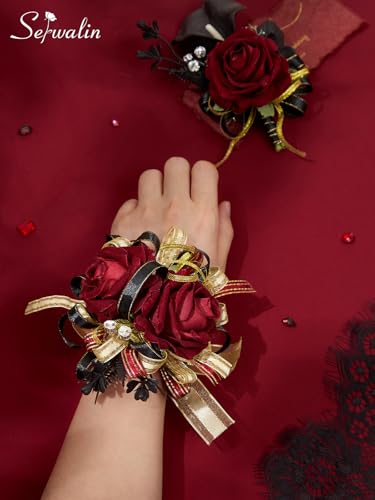Serwalin Burgundy Prom Corsage and Boutonniere Set, Artificial Calla Lily Red Rose Wrist Corsage Wristlet for Wedding, Homecoming, Formal Dance, Party Flowers Accessories Suit Decorations - color: Black Burgundy