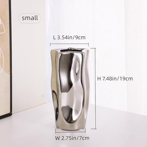 Wave Ceramic Vase - Modern Silver Shiny Finish, Pentagon Shape for Dried Flower Arrangement for Living Room Bedroom Office Decor, Small, 7" H - size: Small 7.48"