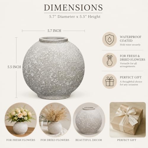 Small Ceramic Flower Vase 5.5 Inches, Farmhouse Round Decorative Vase for Flowers, Rustic Textured Vase, Home Decor for Living Room Shelf Table Centerpiece - color: Gray