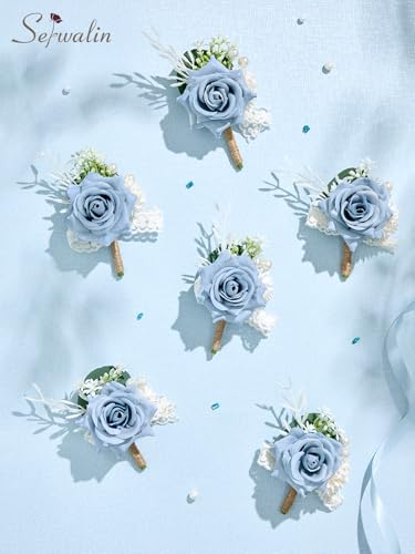 Serwalin 6 Pcs Blue Boutonniere for Men, Groom Groomsmen Best Man Guest Boutonnieres，Artificial Flowers Silk Rose for Wedding Prom Ceremony Anniversary Party Homecoming - color: Blue, size: Boutonniere 6pcs