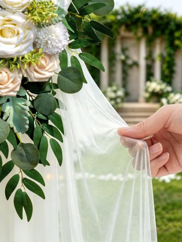Lisuun Artificial Wedding Arch Flowers with Chiffon Runner, Pack of 3 | Includes 2 Flower Swags, 1 20ft Chiffon Runner and Zip Ties for Wedding Arches, Arbors and Backdrops - color: Pure White