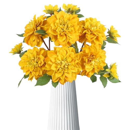 6pcs Large Artificial Dahlia Flowers Yellow Faux Dahlia Silk Flowers with Long Stem for Wedding Bouquets Anniversary Party Floral Arrangements Home Tables Decoration（Yellow - color: Yellow