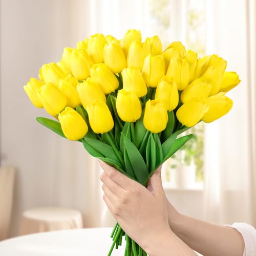 U'Artlines 30Pcs Fake Tulips Artificial Flowers with Stems Faux Tulips Bouquet Real Touch Flower for Wedding Home Kitchen Spring Easter Mother's Day Floral Arrangement Decor (Yellow) - color: Yellow