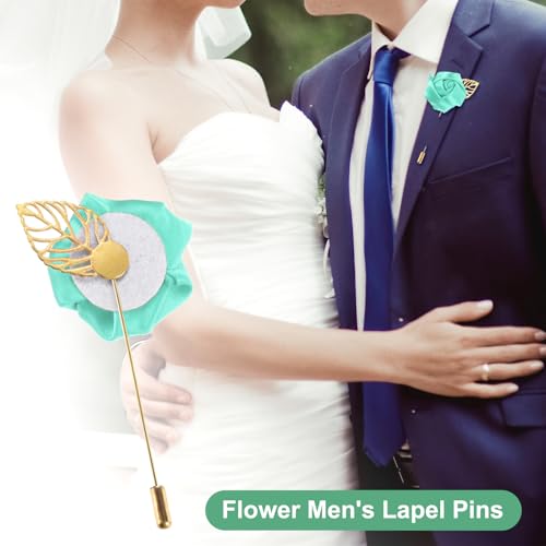 M METERXITY 12-Pack Flower Lapel Pins for Men, Golden Leaf Rose Boutonnieres Pin for Wedding/Dance/Party, Mens Lapel Pins for Suits Satin Flower Corsage Hat Pins [Light Green] - color: Light Green