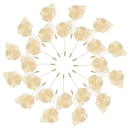 M METERXITY 48-Pack Flower Lapel Pins for Men, Golden Leaf Rose Boutonnieres Pin Groom Boutonnieres for Wedding/Dance/Party, Men Lapel Pins for Suits Satin Flower Corsage [Light Yellow] - color: Lotus
