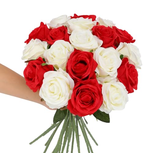 Tifuly Roses Artificial Flowers - 12 pcs Realistic Long Stem Fake Roses Mashup Style Silk Roses for DIY Bouquets Wedding Centerpieces Arrangements Home Party Decor（White & Red） - color: White & Red