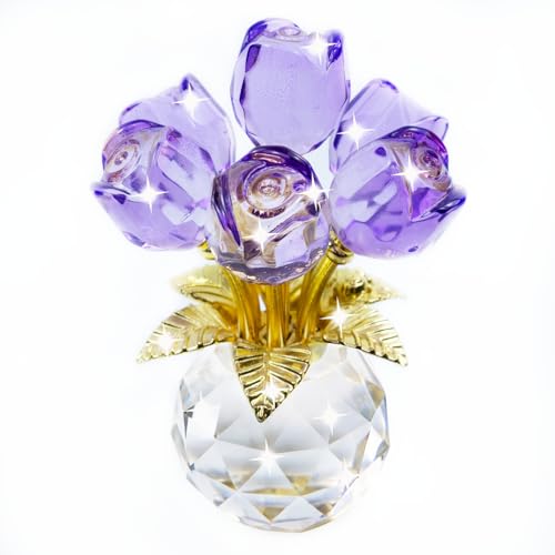 TWINKLING Crystal Roses Figurine with Round Vase, Glass Rose Crystal Flowers Bouquet, Birthday, Anniversary,Wedding, Home Décor,Gold Leaf (Purple) - color: Purple(gold Leaf)