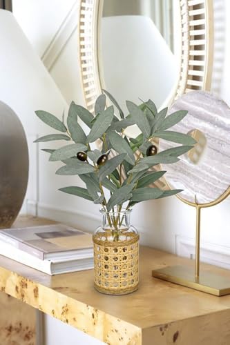 Hollyone Artificial Olive Branch in Woven Glass Vase with Faux Water 11.8" Fake Plants Olive Leaves Stems for Indoor Shelf Desk Home Bathroom Wedding Table Centerpiece Decor - color: Green #2