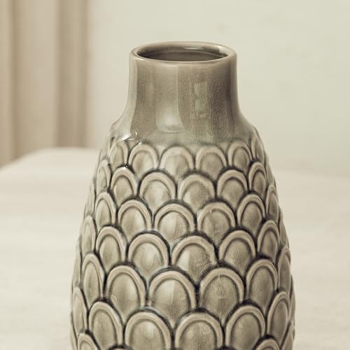 Ceramic Flower Vase, 9.06” Rustic Farmhouse Decorative Vase for Home Decor, Gray Textured Pottery Vase for Pampas Grass, Living Room, Entryway, Mantel, Kitchen Table, Centerpiece - color: 402-grey