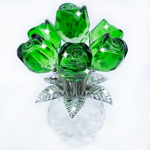 TWINKLING Crystal Roses Figurine with Round Vase, Glass Rose Crystal Flowers Bouquet, Birthday, Anniversary,Wedding, Home Décor,Silver Leaf (Green) - color: Green(silver Leaf)