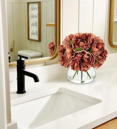 Hollyone Coffee Peonies with Vase Fall Flowers Artificial for Decoration Faux Flower Peony Fake Flowers Silk Flower Arrangements in Glass Vase with Faux Water Centerpiece Fall Decorations for Home - color: Peony, Coffee