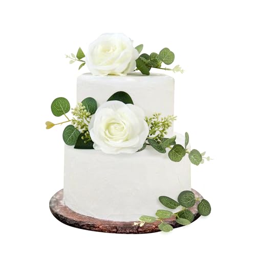 16pcs Artificial 3D Flower Cake Toppers White Rose Floral Cake Decors for White Wedding Anniversary Bridal Engagement Fairy Baby Shower Valentine's Mother's Day Birthday Party Decoration - color: White 2