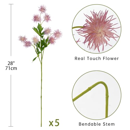 Hollyone 9 Heads Purple Dandelion Artificial Flowers 5Pcs Faux Dandelions Flowers Bush Arrangement Bouquets Fake Ball Mums Flower Stem for Indoor Home Decor Table Office Party Wedding Decoration - color: Purple