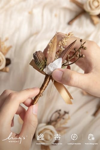 Ling's moment Boutonniere for Men, 6pcs Groom Groomsmen Boutonniere, Artificial Flowers for Wedding Decor/Prom/Homecoming, etc.Brown Beige White - color: Brn-brown Beige & White